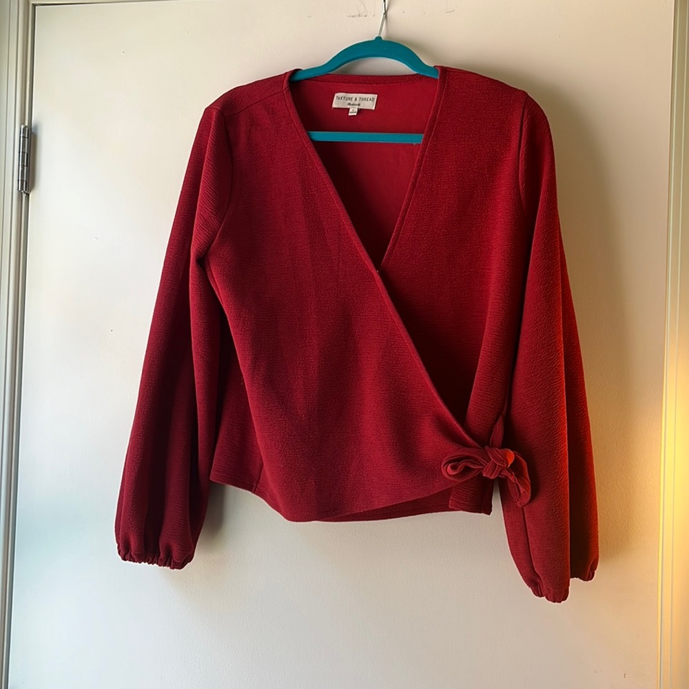 Red wrap style long sleeve shirt